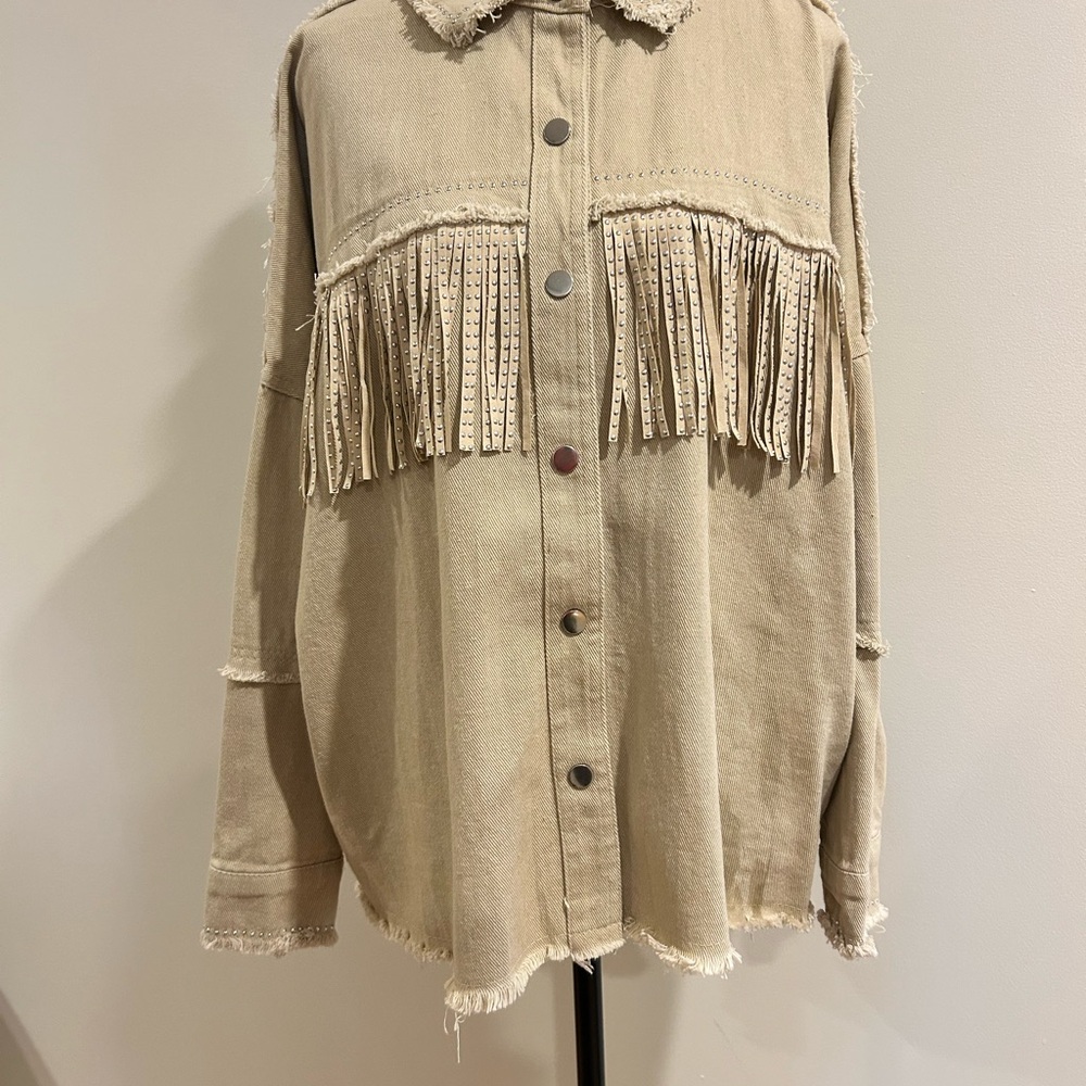 Studded Fringe, Oversized Denim Shacket (Shirt/Jacket)